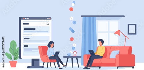 Two people work on laptops indoors as pills fall around them