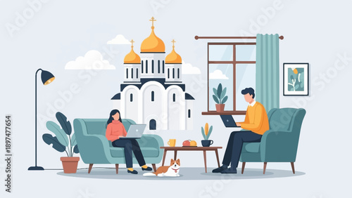 Two people work on laptops in cozy room with dog and church background