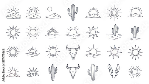 Desert Sun, Cactus, Skull Icons: Minimalist Vector Set