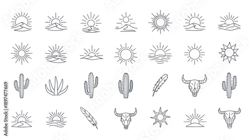 Desert Sun, Cactus, Buffalo Skull, Feather Icons - Minimalist Line Art Collection