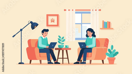 Two people working on laptops at home, sitting on armchairs