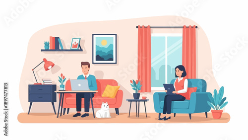 Two people working on laptops at home with a cat