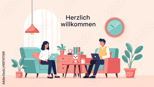 Two people working on laptops at home, with decor and plants