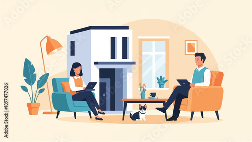 Two people working on laptops at home with a dog