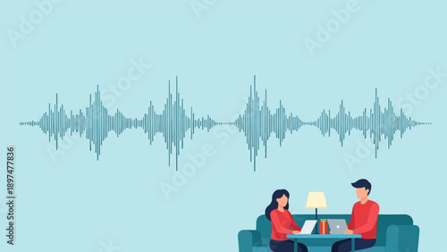 Two people work on laptops on a couch with a waveform above them