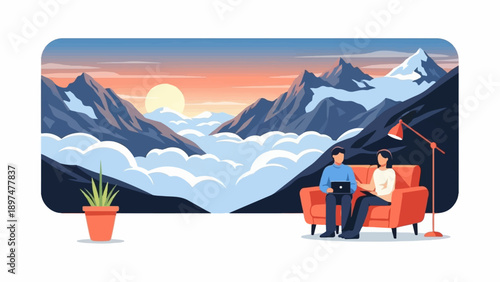 Two people work on laptops on a couch with a mountain and cloud view