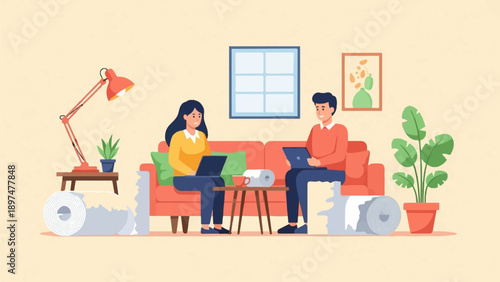 Two people work on laptops on a couch, with home decor