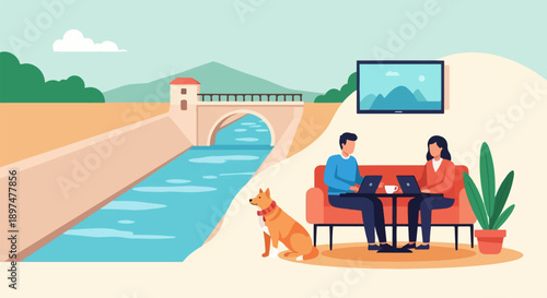 Two people work on laptops on a sofa beside a dog and canal