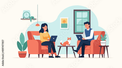 Two people working on laptops from home, with a cat nearby