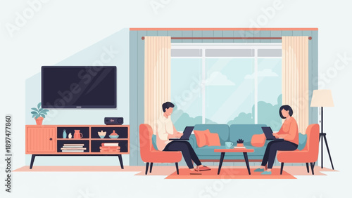 Two people working on laptops in a brightly lit living room