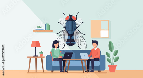 Two people work on laptops on a sofa, a giant fly looms over them