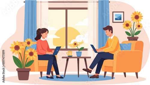 Two people working on laptops from home with sunflowers