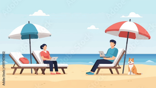 Two people work on laptops under umbrellas on a beach with a dog