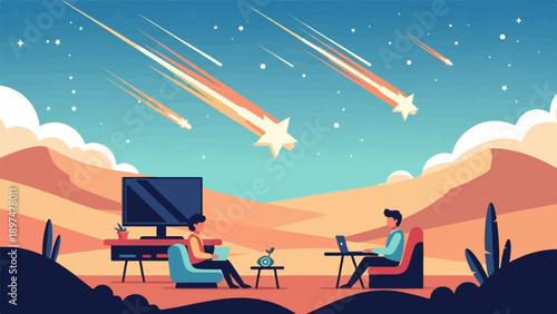 Two people work on laptops under a starry sky with shooting stars