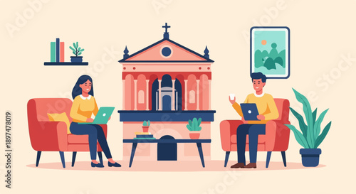 Two people working on laptops in a cozy room with a building facade