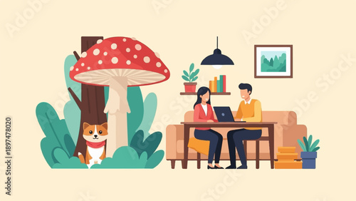 Two people work on laptops while a dog sits near a mushroom