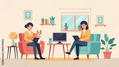 Two women and a dog relax at home with laptops and a TV