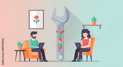 Two people work on laptops while a large wrench with a tie stands between them