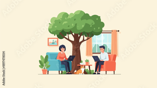 Two people working remotely on laptops under a large tree