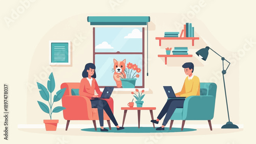 Two people working on laptops in a cozy room with a dog looking out window