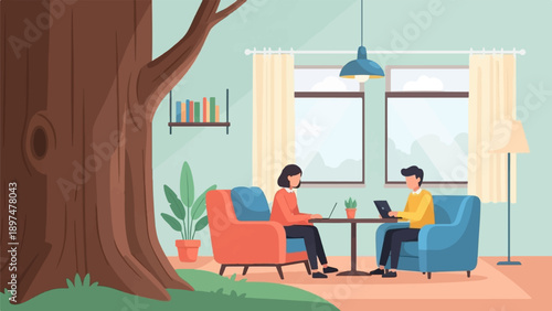 Two people working on laptops in a cozy room with a large tree