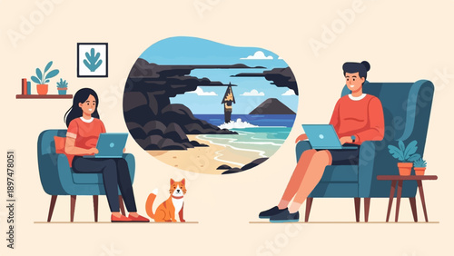 Two people working remotely with a coastal dreamscape