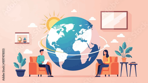 Two people working remotely with a globe and sun in the background