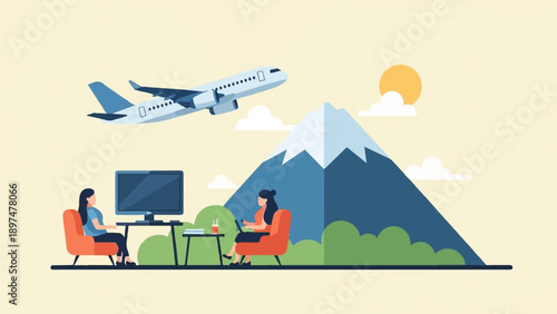 Two people working remotely with an airplane flying over a mountain