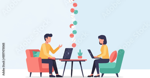 Two people work on laptops while colorful pills fall from above