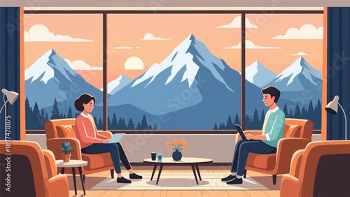Two people work on laptops while enjoying a mountain view