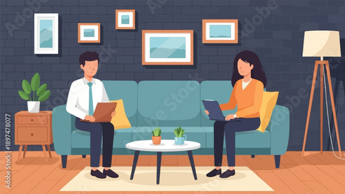 Two people working on laptops in a cozy room with artwork and plants