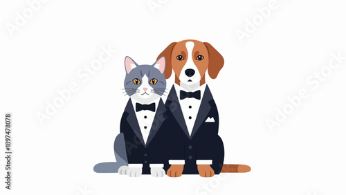 Two pets, a dog and a cat, are dressed in formal black suits and bow ties