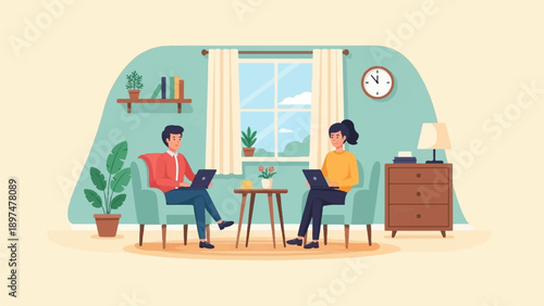 Two people working on laptops in a cozy room with plants and a clock