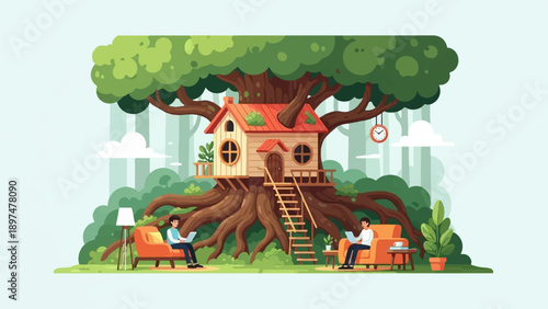 Two people work on laptops while relaxing in chairs near a treehouse in a forest