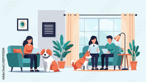 Two people work on laptops with dogs in a cozy living room