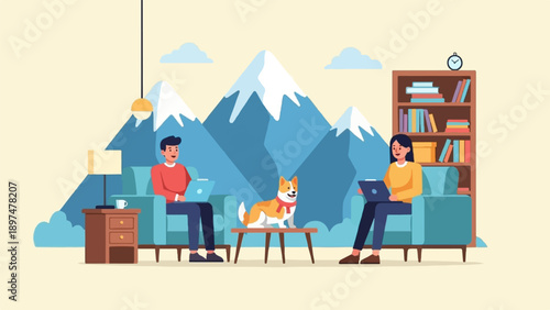 Two people work on laptops with a dog nearby, a bookshelf and mountains in the background