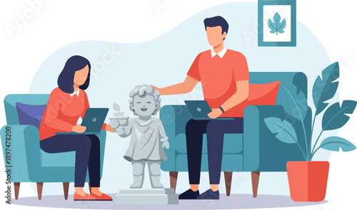 Two people working on laptops in a living room with a statue