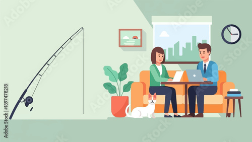 Two people work on laptops with a fishing rod, plant, and cat nearby