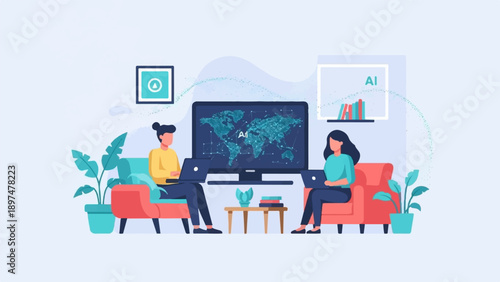 Two people work on laptops with world map and AI on screen