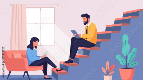 Two people work on tablets in a bright, modern indoor space with stairs and plants