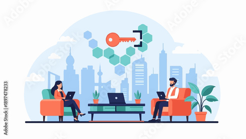 Two professionals work remotely on laptops with a cityscape background