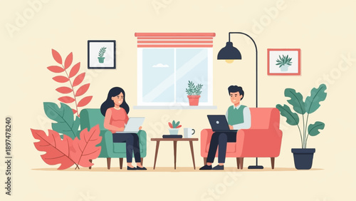 Two people working on laptops in a living room with plants and decor