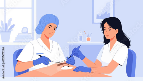 Two professionals performing permanent makeup procedure for eyebrows in clinic