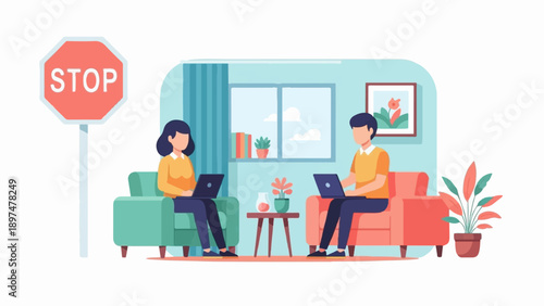 Two people working on laptops in a living room with a stop sign outside