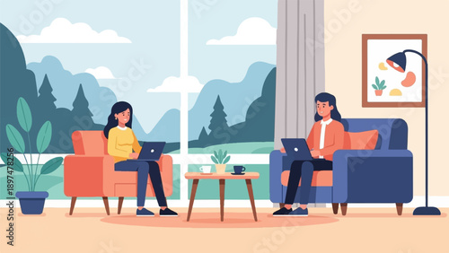 Two people work remotely from a cozy living room with a scenic view