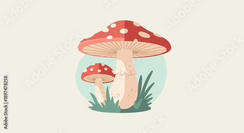 Two red and white spotted mushrooms sprout from grassy ground