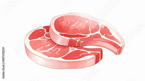 Two raw meat steaks with bone, depicted in watercolor style