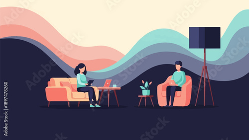 Two people working on laptops in a modern, abstract living room setting