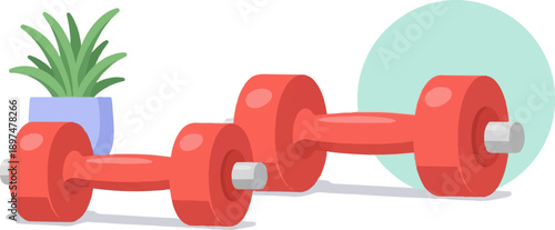 Two red dumbbells and a potted plant, graphic design, clean style