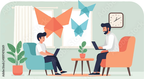 Two people work remotely from cozy armchairs with origami butterflies